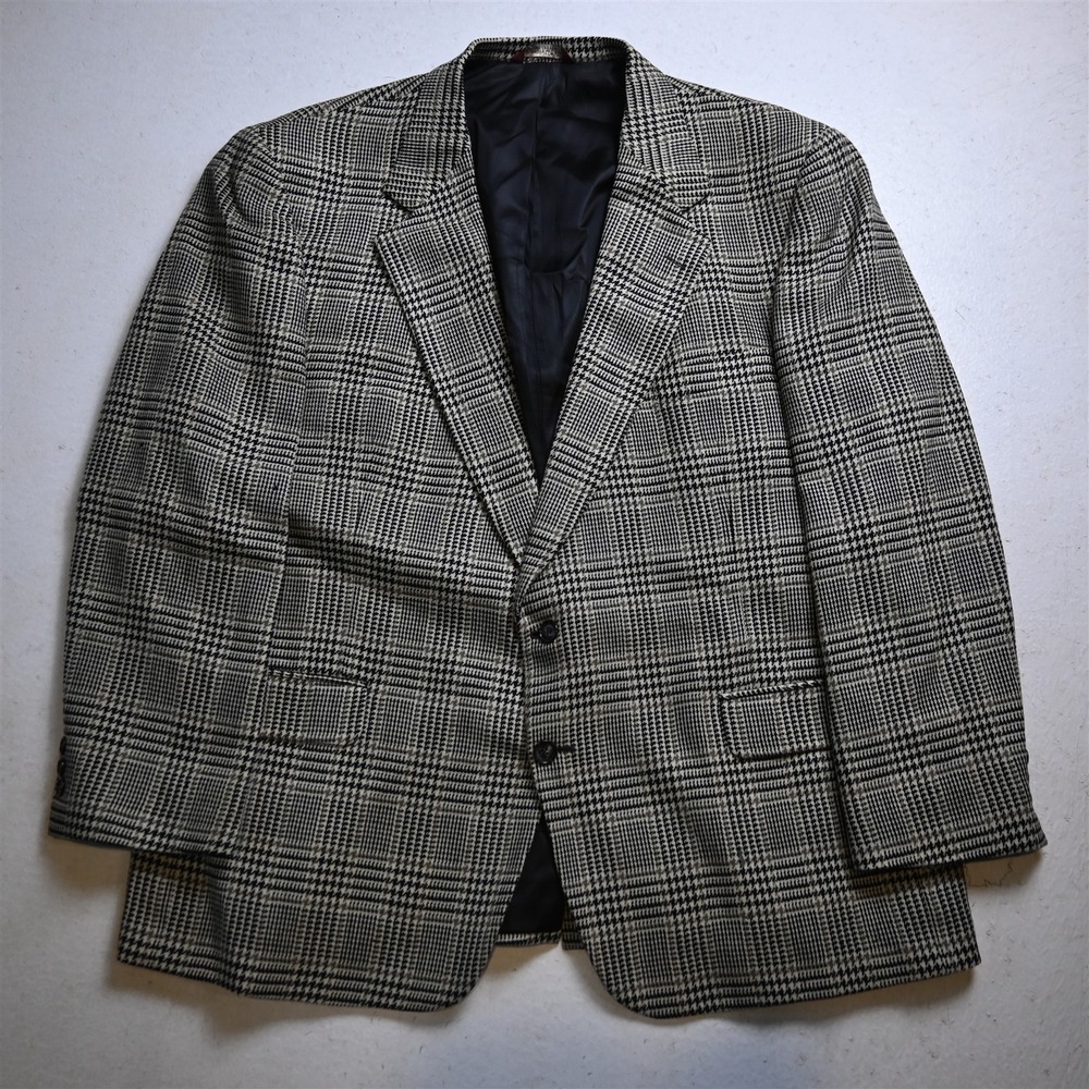 Vtg USA Made 48S Gray Big Houndstooth Check 100% Wool Blazer Jacket Sport Coat